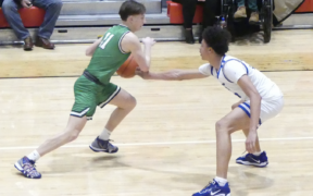 Mogadore's Nick Coffman dribbles against Richmond Heights' Hosea Steele. Tom Nader/Portage Sports